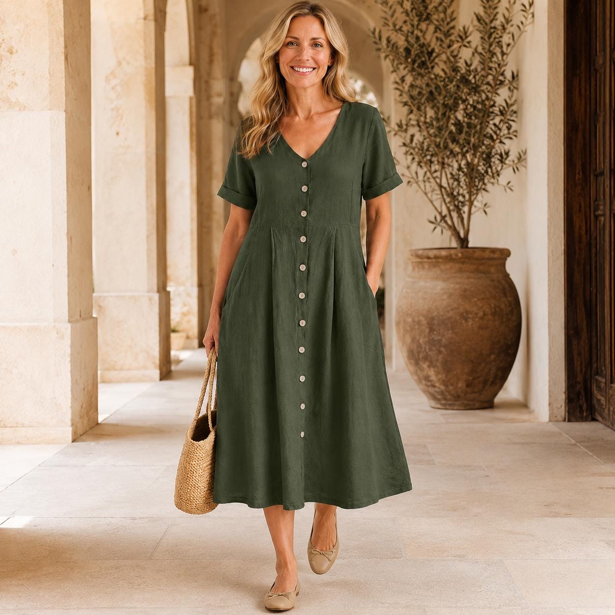Linen Button-Front Midi Dress, V-Neck Summer Dress for Women, Pocketed Casual A-line with Short Sleeves