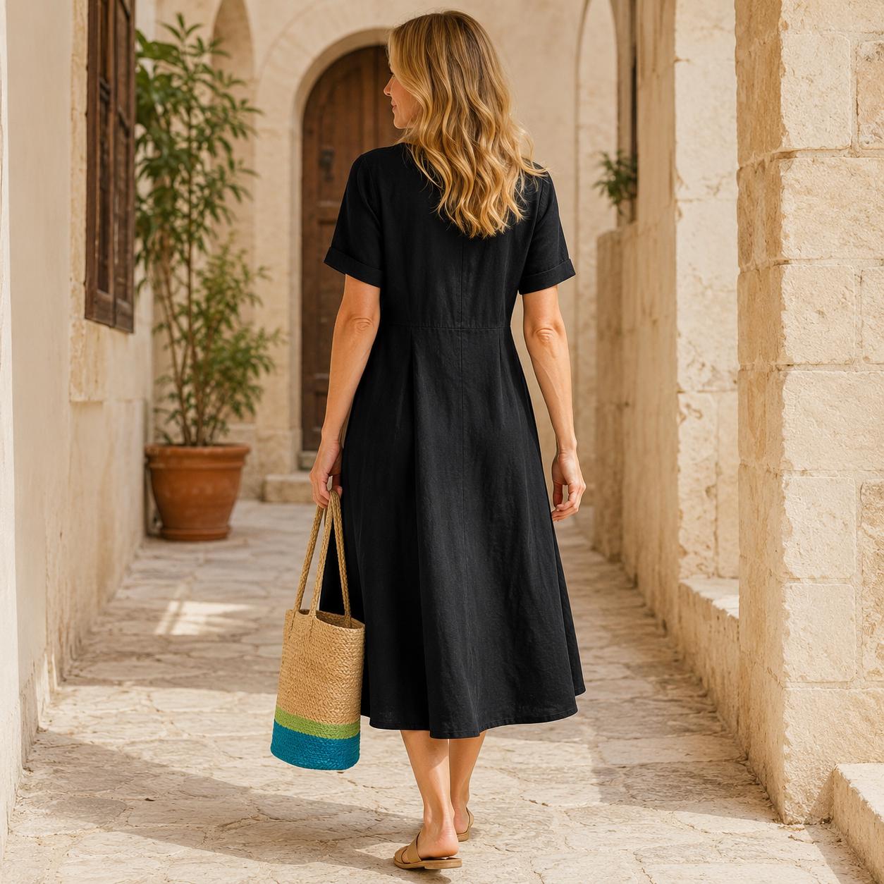 Linen Button-Front Midi Dress, V-Neck Summer Dress for Women, Pocketed Casual A-line with Short Sleeves