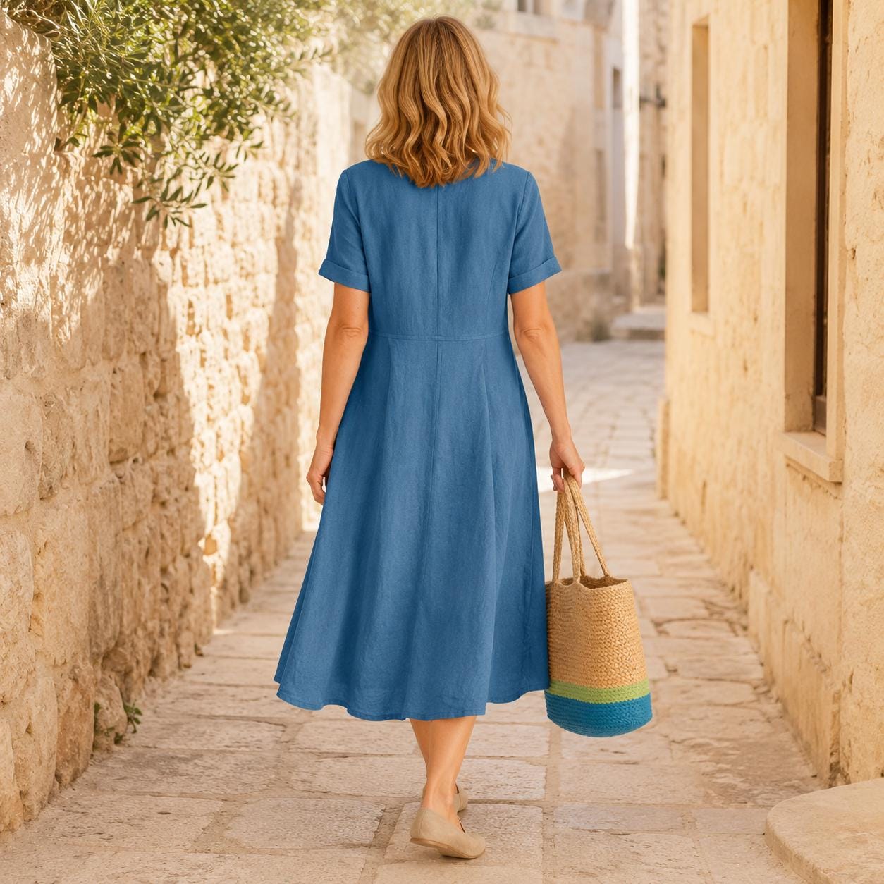 Linen Button-Front Midi Dress, V-Neck Summer Dress for Women, Pocketed Casual A-line with Short Sleeves