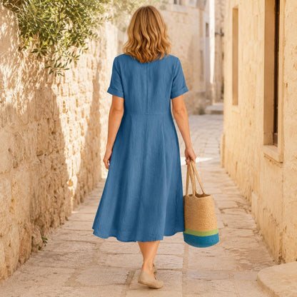 Linen Button-Front Midi Dress, V-Neck Summer Dress for Women, Pocketed Casual A-line with Short Sleeves
