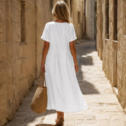 Linen Button-Front Midi Dress, V-Neck Summer Dress for Women, Pocketed Casual A-line with Short Sleeves