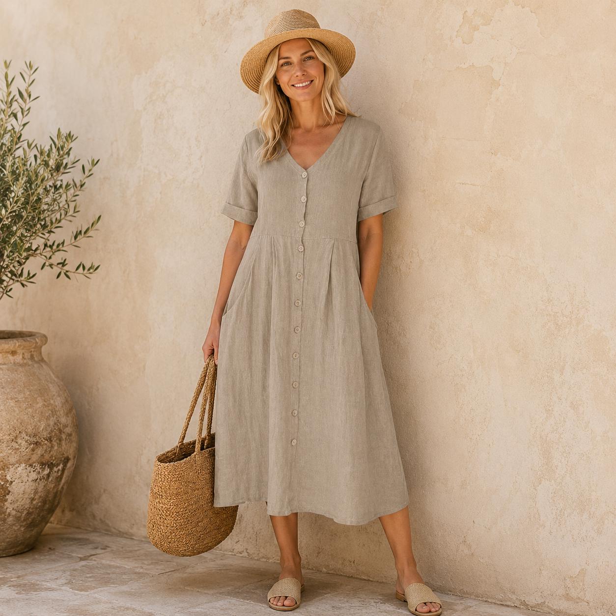 Linen Button-Front Midi Dress, V-Neck Summer Dress for Women, Pocketed Casual A-line with Short Sleeves