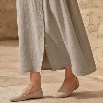 Linen Button-Front Midi Dress, V-Neck Summer Dress for Women, Pocketed Casual A-line with Short Sleeves