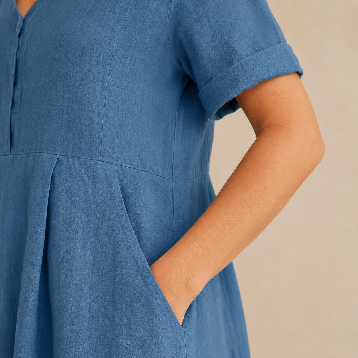 Linen Button-Front Midi Dress, V-Neck Summer Dress for Women, Pocketed Casual A-line with Short Sleeves