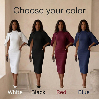 White Cape Dress, Elegant Midi Dress, Formal White Dress, Wedding Guest Dress, Cape Sleeve Dress, Cocktail Dress Women, Modest Dress