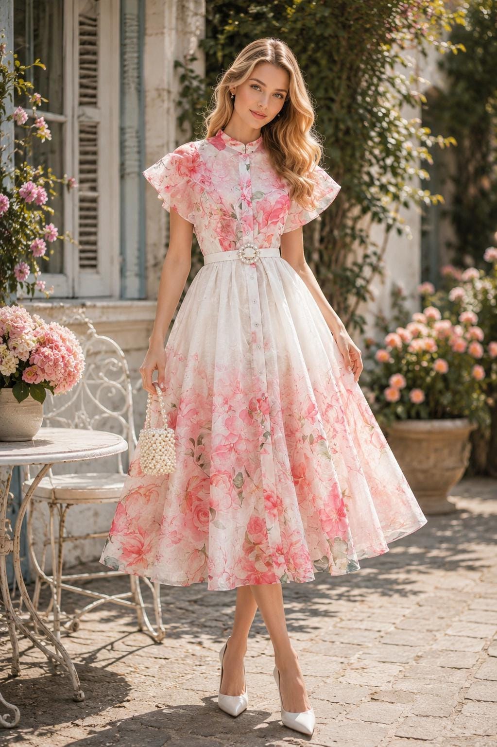 French Countryside Print Sleeveless Long Dress High Waist Ruffled A-Line Party Women