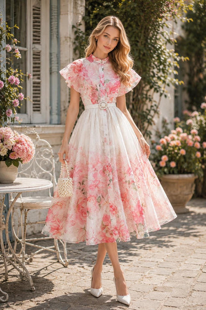 French Countryside Print Sleeveless Long Dress High Waist Ruffled A-Line Party Women