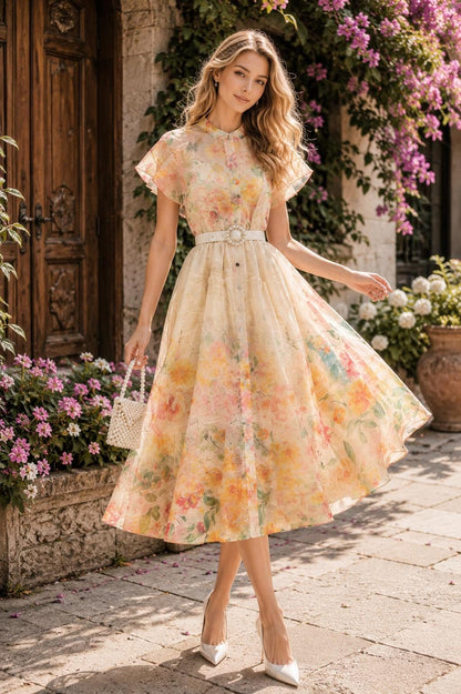 French Countryside Print Sleeveless Long Dress High Waist Ruffled A-Line Party Women