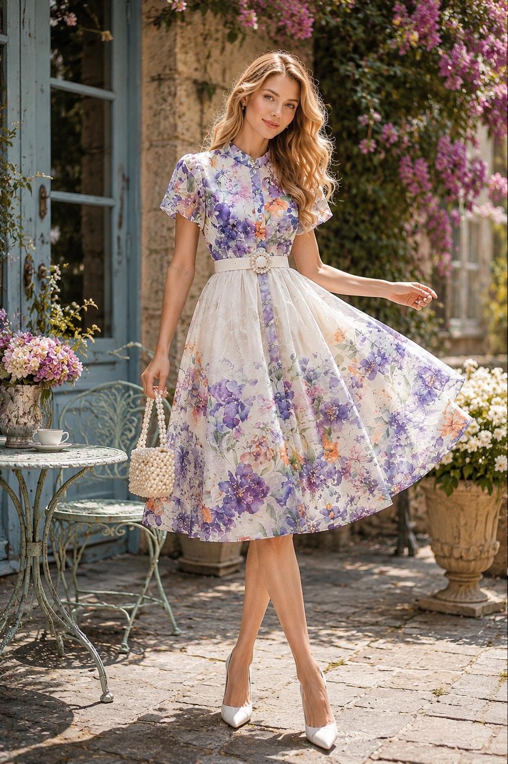 French Countryside Print Sleeveless Long Dress High Waist Ruffled A-Line Party Women