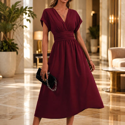 Women's Midi Dress, V Neck Evening Dress, Elegant Flowy Dress, Wedding Guest Outfit