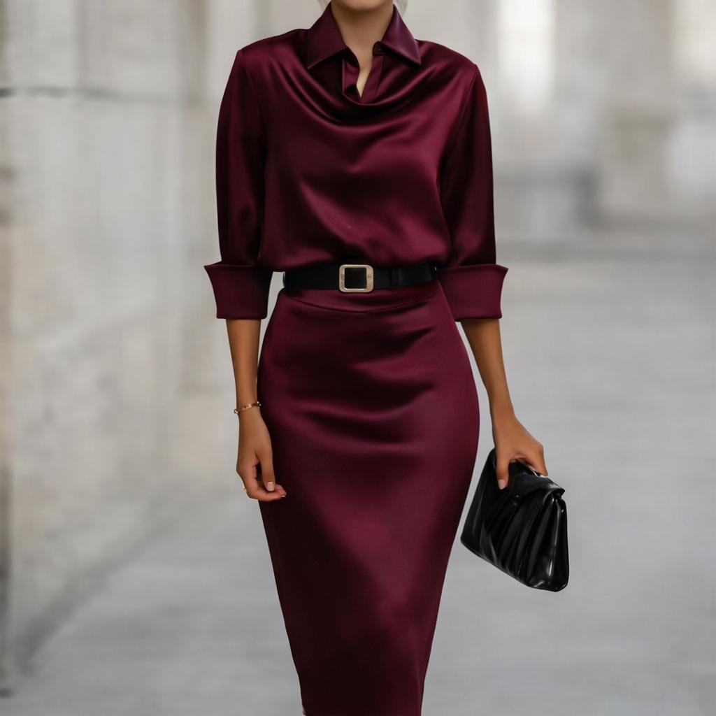 Elegant Satin Shirt Dress, Cowl Neck Midi, Belted Bodycon, Long Sleeve Party Wear