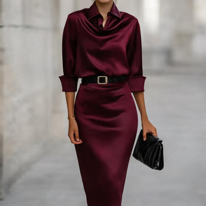 Elegant Satin Shirt Dress, Cowl Neck Midi, Belted Bodycon, Long Sleeve Party Wear