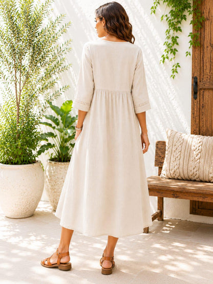 Handmade Cotton Linen Boho Maxi Dress, V-Neck A-Line Oversized, 3/4 Sleeve Casual Summer Dress