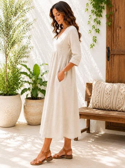 Handmade Cotton Linen Boho Maxi Dress, V-Neck A-Line Oversized, 3/4 Sleeve Casual Summer Dress