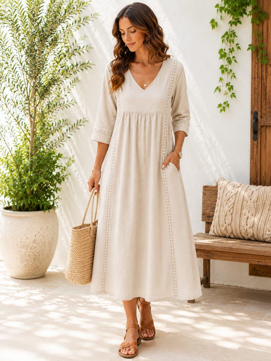Handmade Cotton Linen Boho Maxi Dress, V-Neck A-Line Oversized, 3/4 Sleeve Casual Summer Dress