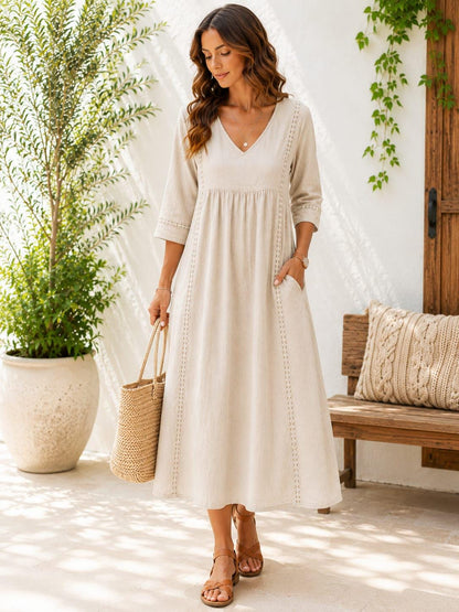 Handmade Cotton Linen Boho Maxi Dress, V-Neck A-Line Oversized, 3/4 Sleeve Casual Summer Dress