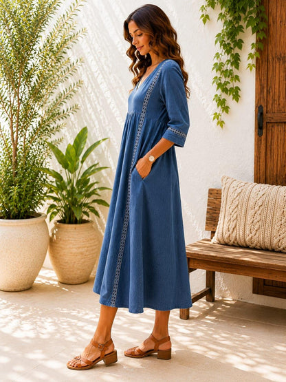 Handmade Cotton Linen Boho Maxi Dress, V-Neck A-Line Oversized, 3/4 Sleeve Casual Summer Dress