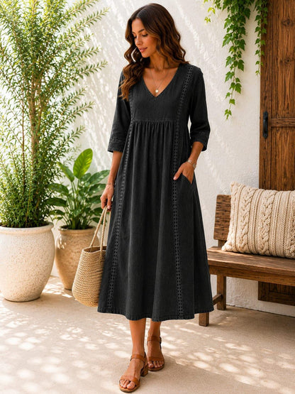 Handmade Cotton Linen Boho Maxi Dress, V-Neck A-Line Oversized, 3/4 Sleeve Casual Summer Dress