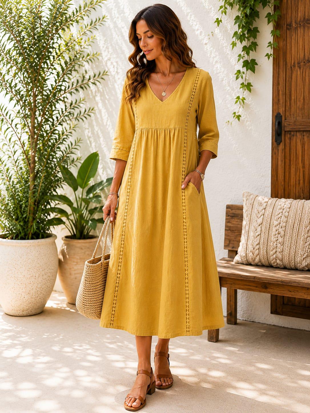 Handmade Cotton Linen Boho Maxi Dress, V-Neck A-Line Oversized, 3/4 Sleeve Casual Summer Dress