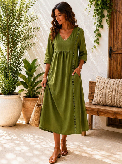 Handmade Cotton Linen Boho Maxi Dress, V-Neck A-Line Oversized, 3/4 Sleeve Casual Summer Dress