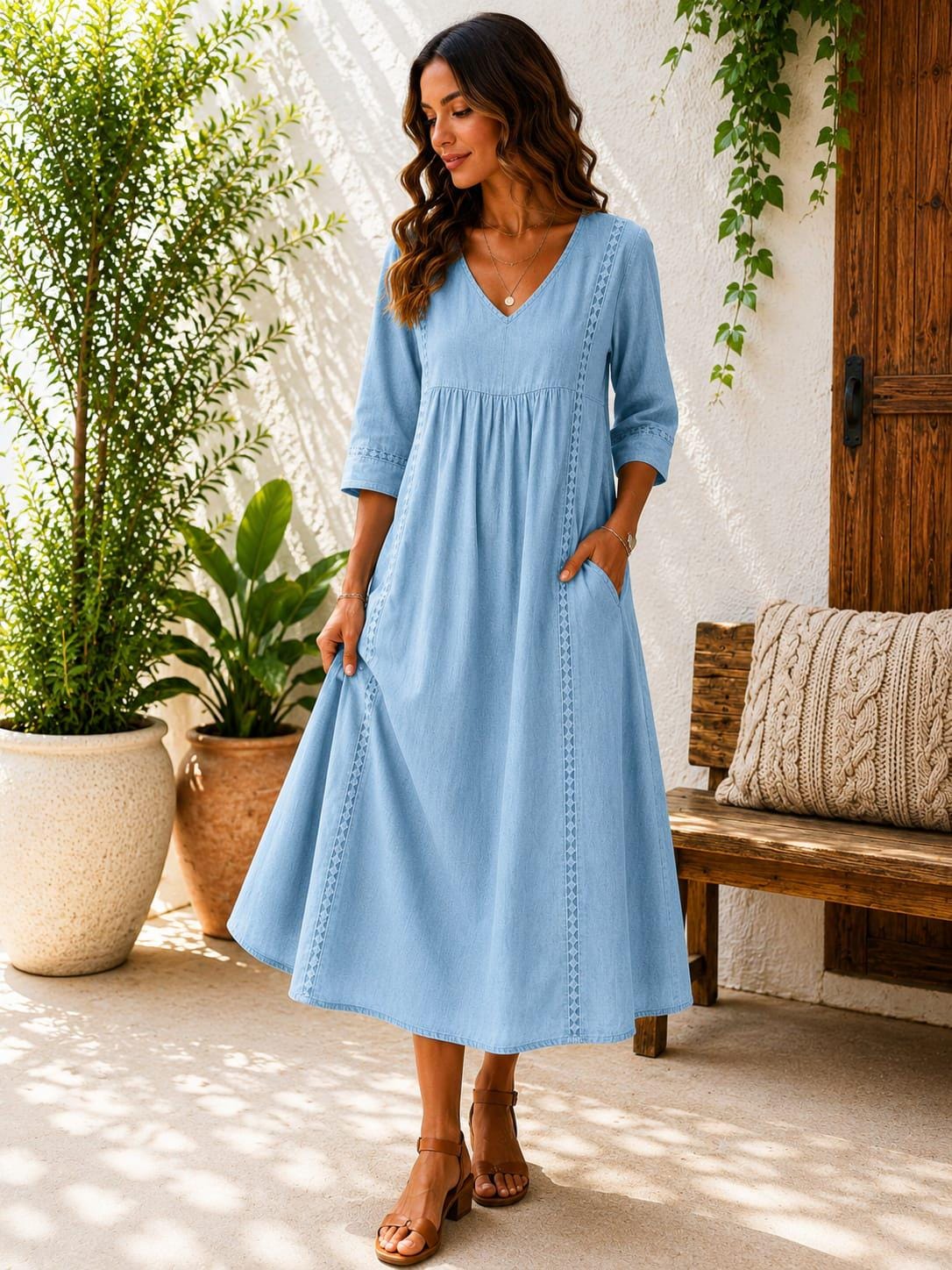 Handmade Cotton Linen Boho Maxi Dress, V-Neck A-Line Oversized, 3/4 Sleeve Casual Summer Dress
