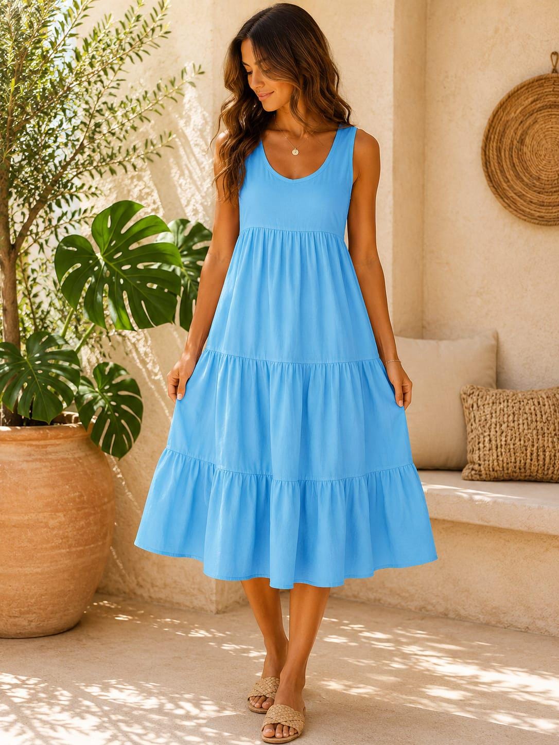 Boho Cotton Tiered Midi Dress, Casual Summer Beach Dress, Loose Fit Swing Sundress