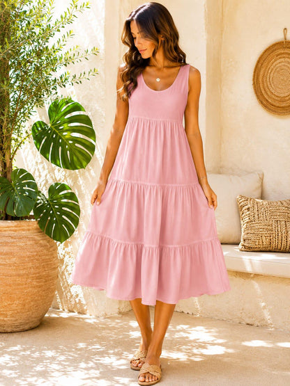 Boho Cotton Tiered Midi Dress, Casual Summer Beach Dress, Loose Fit Swing Sundress