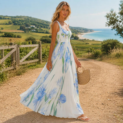 Elegant Floral Maxi Dress, Pleated Flowing Dress, Summer Wedding Guest Dress, Romantic Garden Party Dress, Chic Vacation Outfit Style Trends