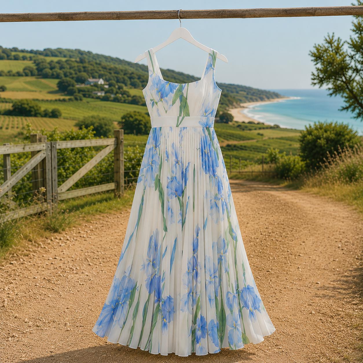 Elegant Floral Maxi Dress, Pleated Flowing Dress, Summer Wedding Guest Dress, Romantic Garden Party Dress, Chic Vacation Outfit Style Trends