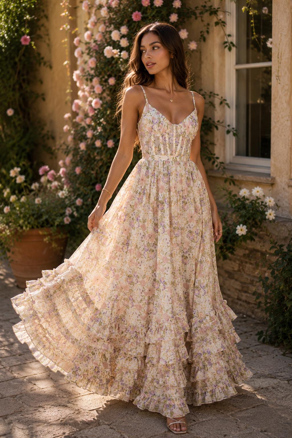 Romantic Floral Corset Maxi Dress, Cottagecore Ruffle High Low, Garden Party Summer Vacation