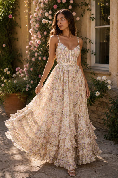 Romantic Floral Corset Maxi Dress, Cottagecore Ruffle High Low, Garden Party Summer Vacation