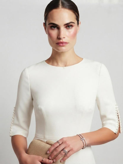 White Midi Dress, Slit Sleeve Cocktail, Formal Evening, Chic Office Occasion Wear