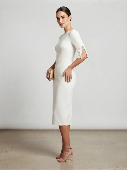 White Midi Dress, Slit Sleeve Cocktail, Formal Evening, Chic Office Occasion Wear