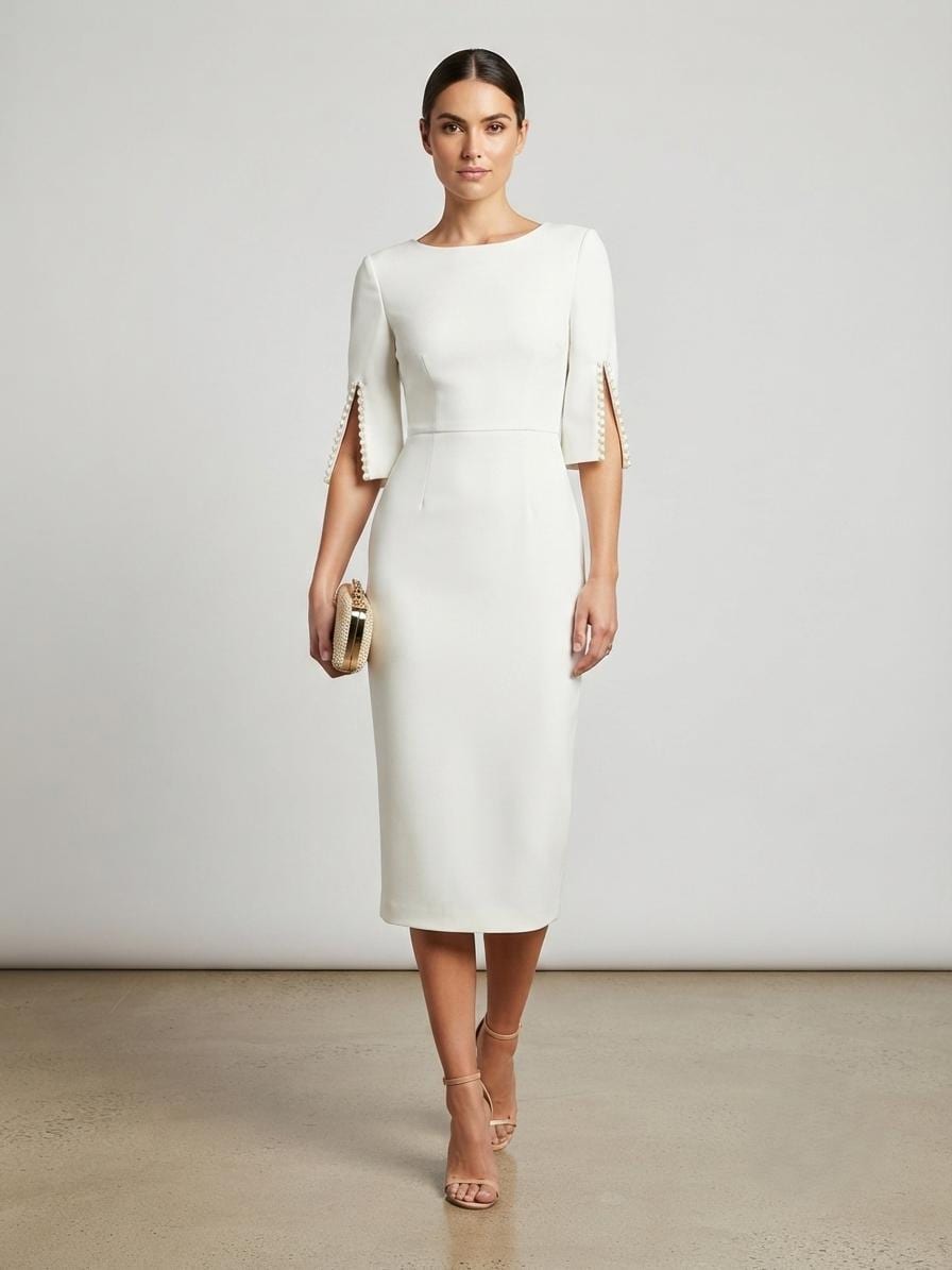 White Midi Dress, Slit Sleeve Cocktail, Formal Evening, Chic Office Occasion Wear