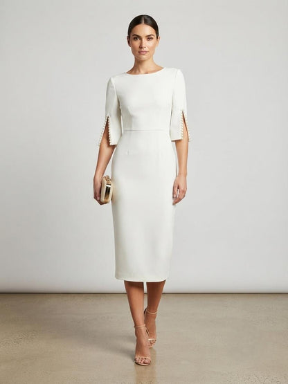 White Midi Dress, Slit Sleeve Cocktail, Formal Evening, Chic Office Occasion Wear