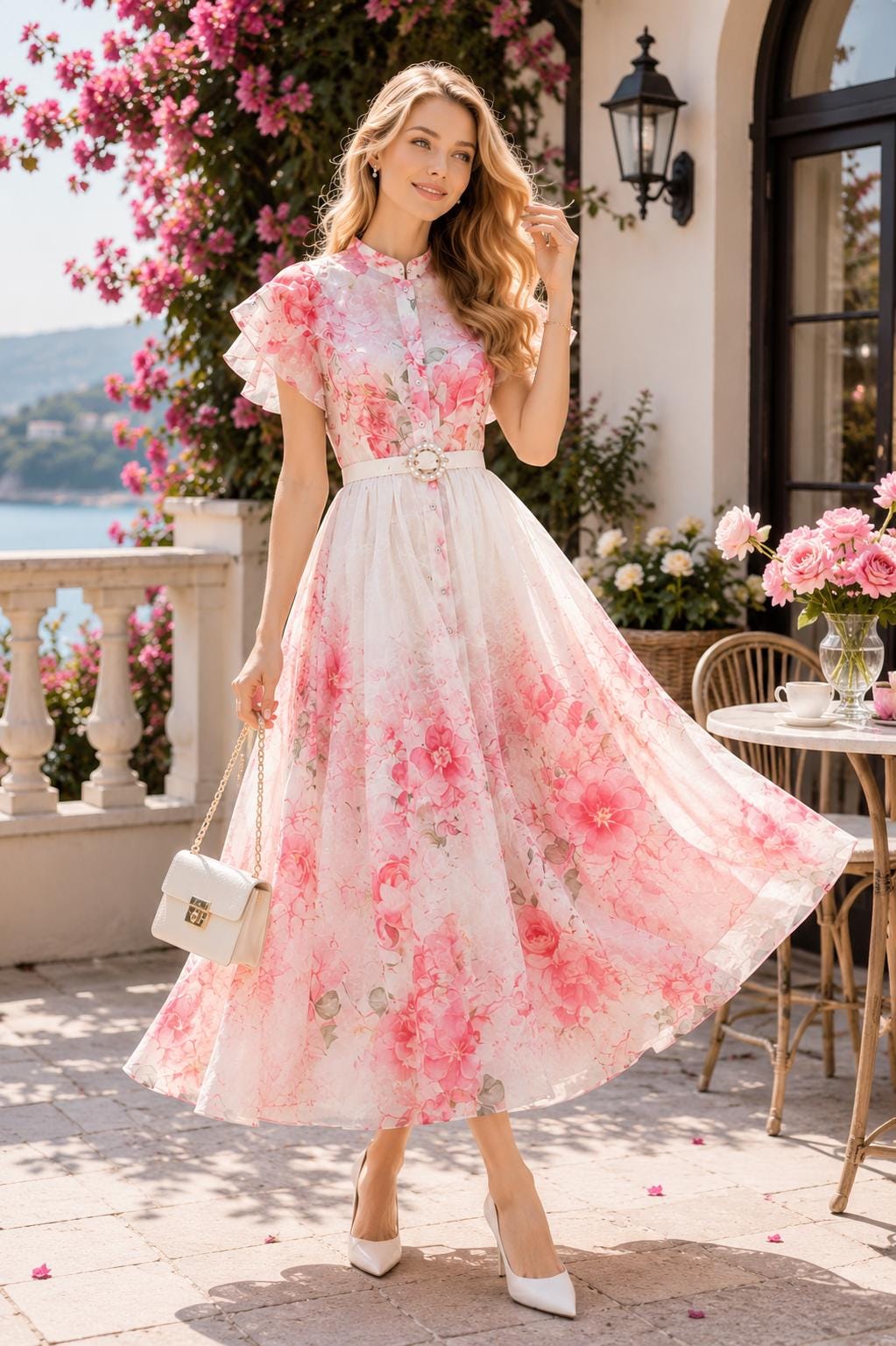 French Countryside Print Sleeveless Long Dress High Waist Ruffled A-Line Party Women