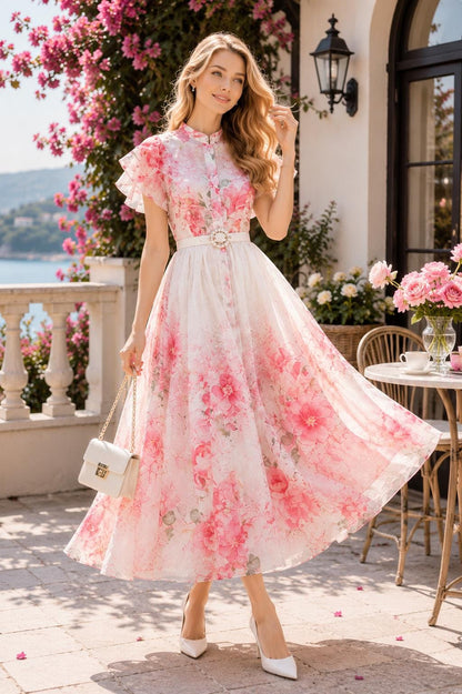 French Countryside Print Sleeveless Long Dress High Waist Ruffled A-Line Party Women