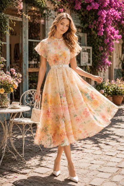 French Countryside Print Sleeveless Long Dress High Waist Ruffled A-Line Party Women