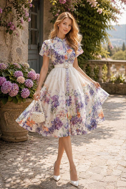 French Countryside Print Sleeveless Long Dress High Waist Ruffled A-Line Party Women