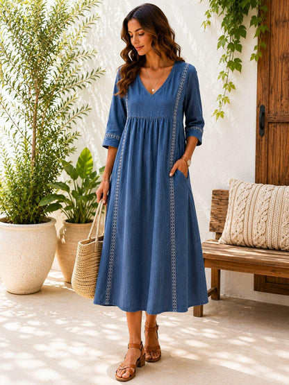 Handmade Cotton Linen Boho Maxi Dress, V-Neck A-Line Oversized, 3/4 Sleeve Casual Summer Dress