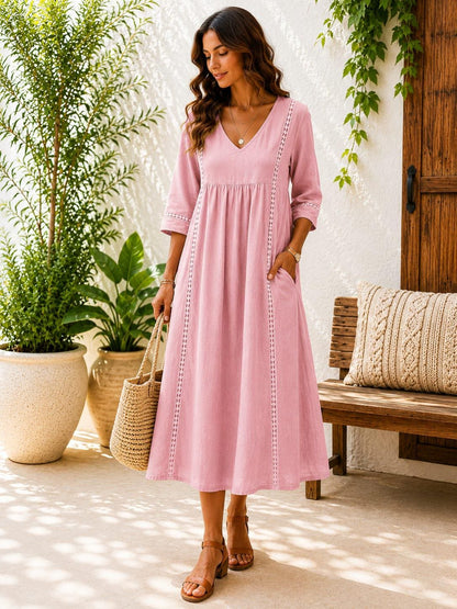 Handmade Cotton Linen Boho Maxi Dress, V-Neck A-Line Oversized, 3/4 Sleeve Casual Summer Dress