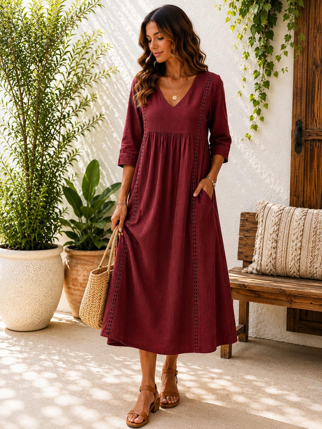 Handmade Cotton Linen Boho Maxi Dress, V-Neck A-Line Oversized, 3/4 Sleeve Casual Summer Dress