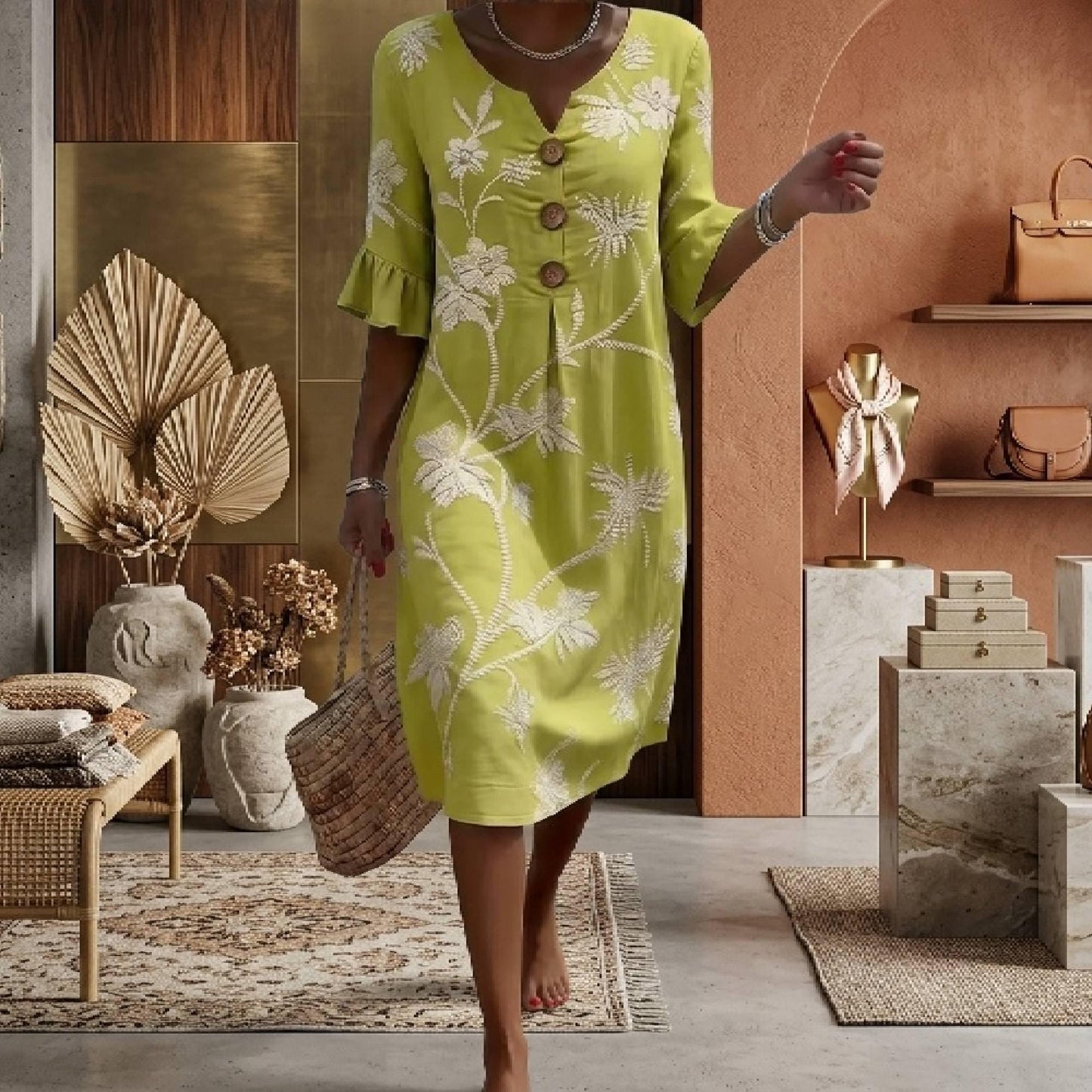 Boho Floral Embroidered Midi Dress for Women, V Neck Loose Fit Button Front Summer Dress,