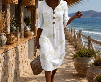Boho Floral Embroidered Midi Dress for Women, V Neck Loose Fit Button Front Summer Dress,
