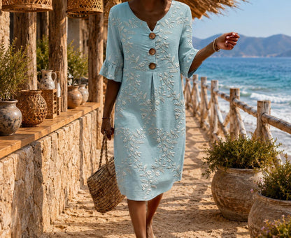 Boho Floral Embroidered Midi Dress for Women, V Neck Loose Fit Button Front Summer Dress,