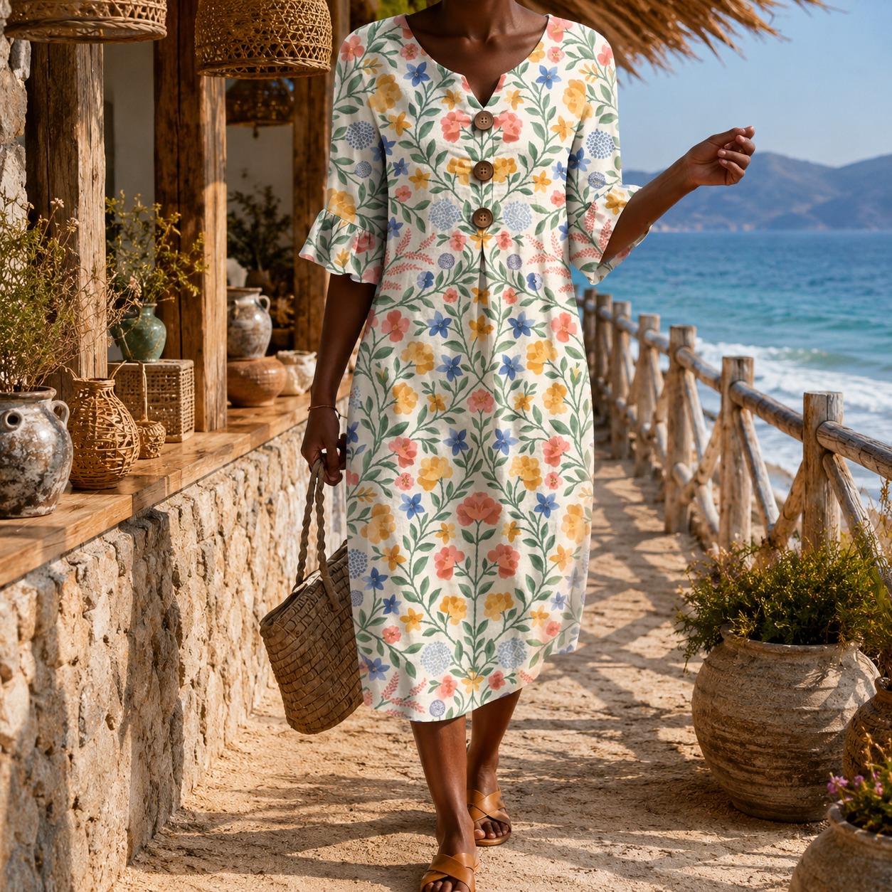 Boho Floral Embroidered Midi Dress for Women, V Neck Loose Fit Button Front Summer Dress,