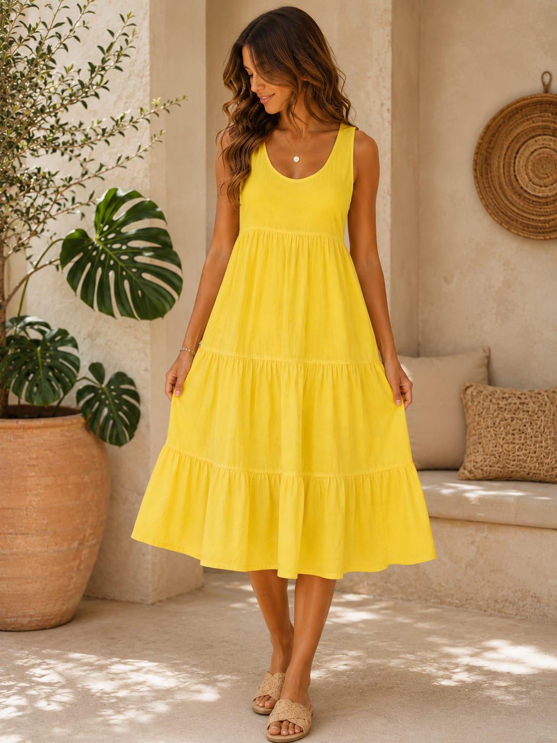 Boho Cotton Tiered Midi Dress, Casual Summer Beach Dress, Loose Fit Swing Sundress