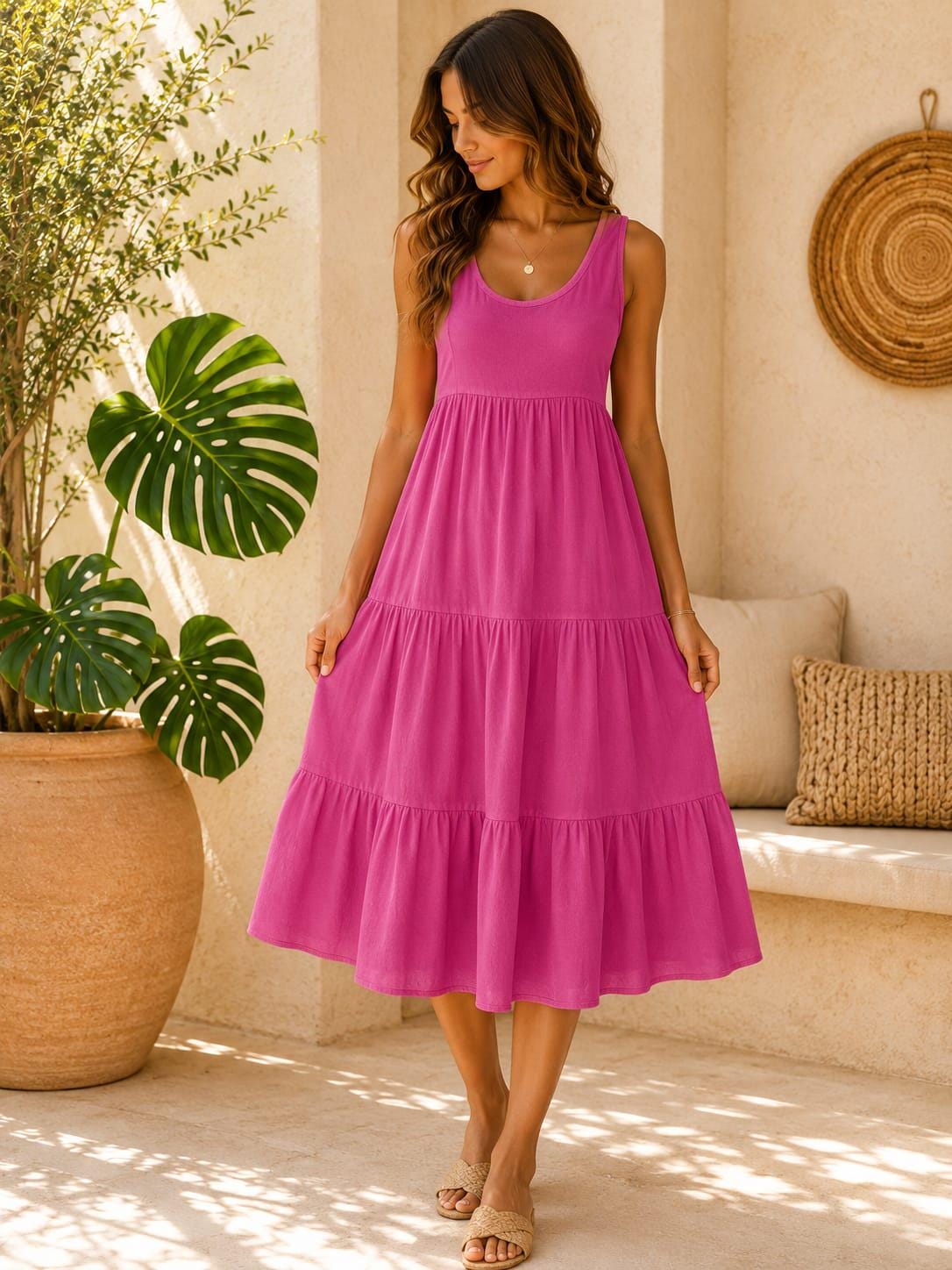 Boho Cotton Tiered Midi Dress, Casual Summer Beach Dress, Loose Fit Swing Sundress