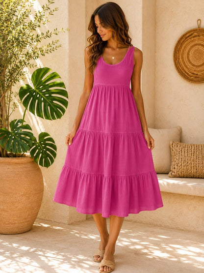 Boho Cotton Tiered Midi Dress, Casual Summer Beach Dress, Loose Fit Swing Sundress