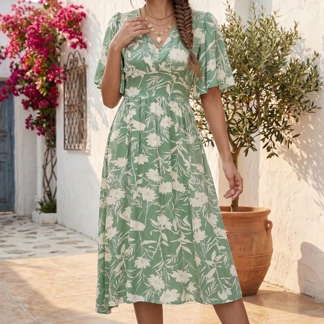 Green Floral Midi Dress | Boho V-Neck Summer Sundress | Flutter Sleeve Flowy Gown | Cottagecore Vacation Outfit | French Chic Garden Dress